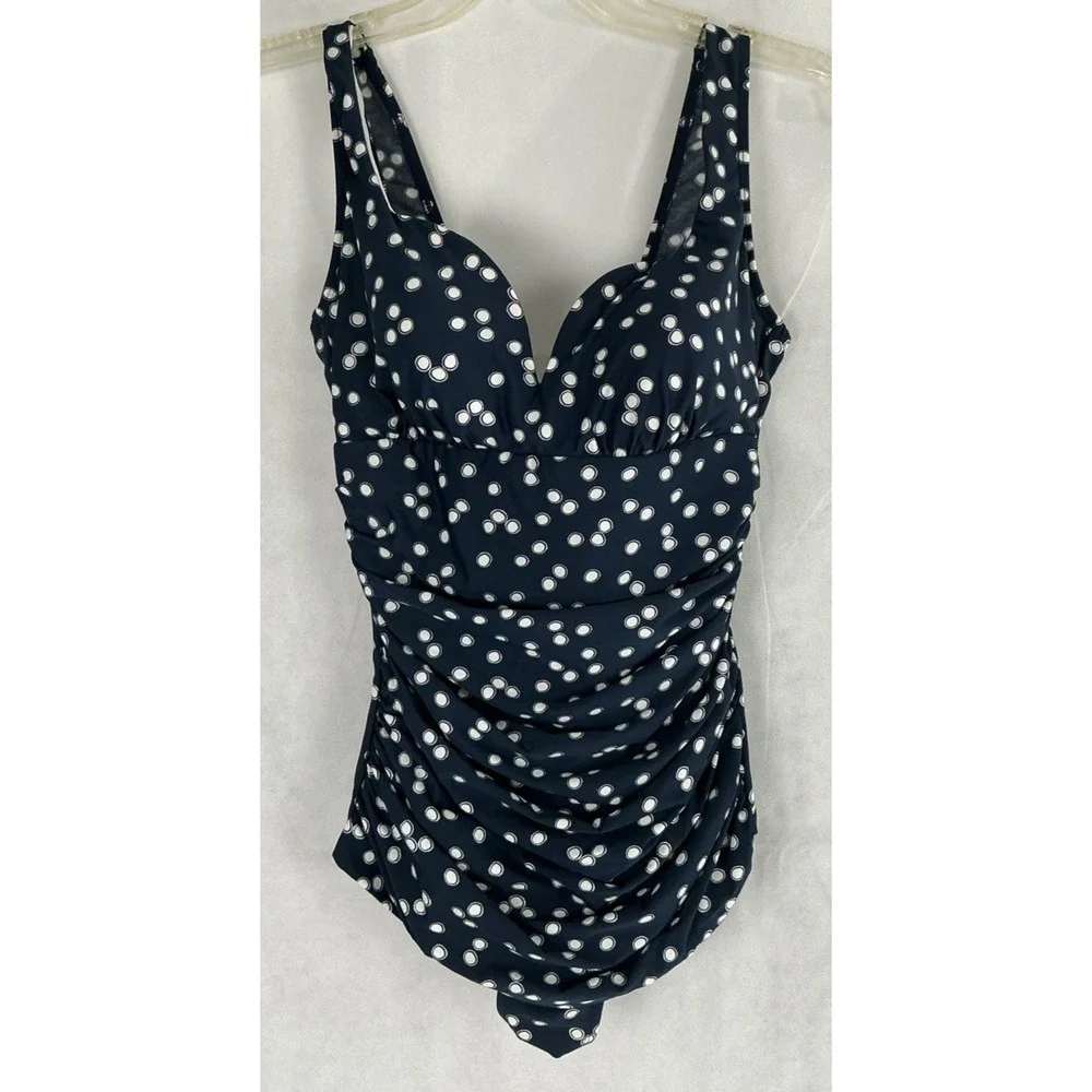 Miraclesuit Cherie Swimsuit 12 Navy Polka Dot One Piece Tummy Control 6560255